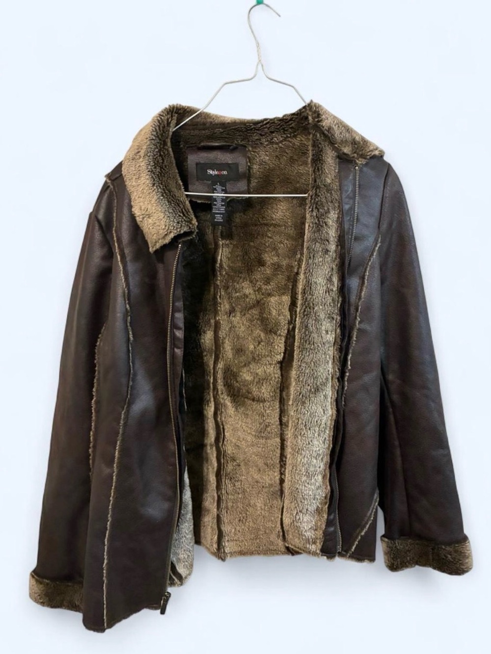 Style & Co Brown Faux Leather Faux Fur Lined Jacket Large